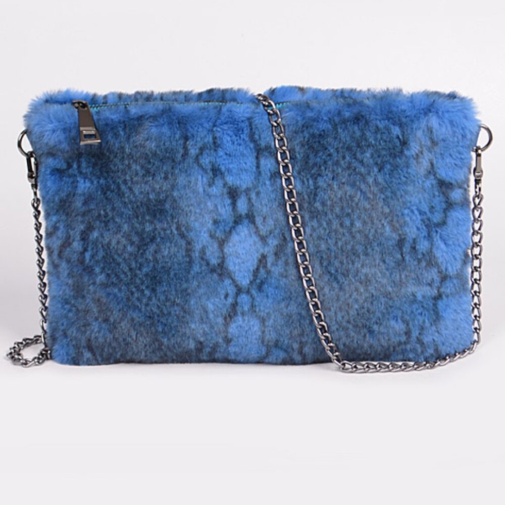 Snake Print /Fur Soft Plush Python Crossbody/Clutch- Blue/Black - NWT